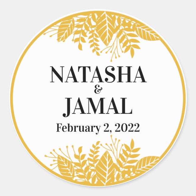 Pegatina Redonda Elegantes hojas amarillas de mostaza (Anverso)