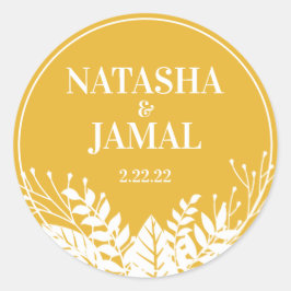 Pegatina Redonda Elegantes hojas blancas modernas, oro amarillo mos