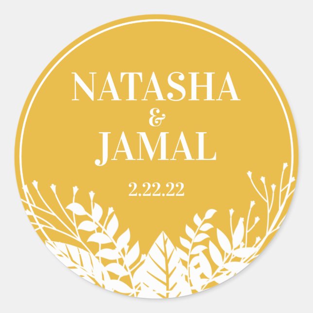Pegatina Redonda Elegantes hojas blancas modernas, oro amarillo mos (Anverso)