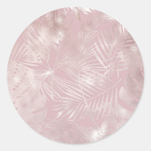 Pegatina Redonda Elegantes hojas metálicas chic rosa tropical
