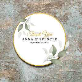 Pegatina Redonda Elegantes hojas y un círculo de oro gracias Boda