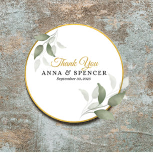 Pegatina Redonda Elegantes hojas y un círculo de oro gracias Boda