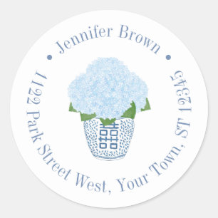 Pegatina Redonda Elegantes Hortensias Tarro de Jengibre Dirección d