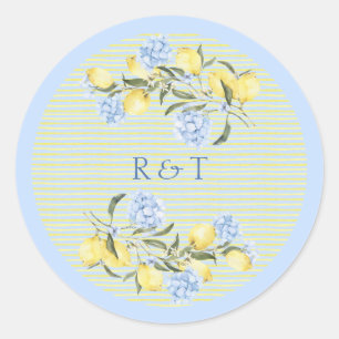 Pegatina Redonda Elegantes iniciales de limones mediterráneos para