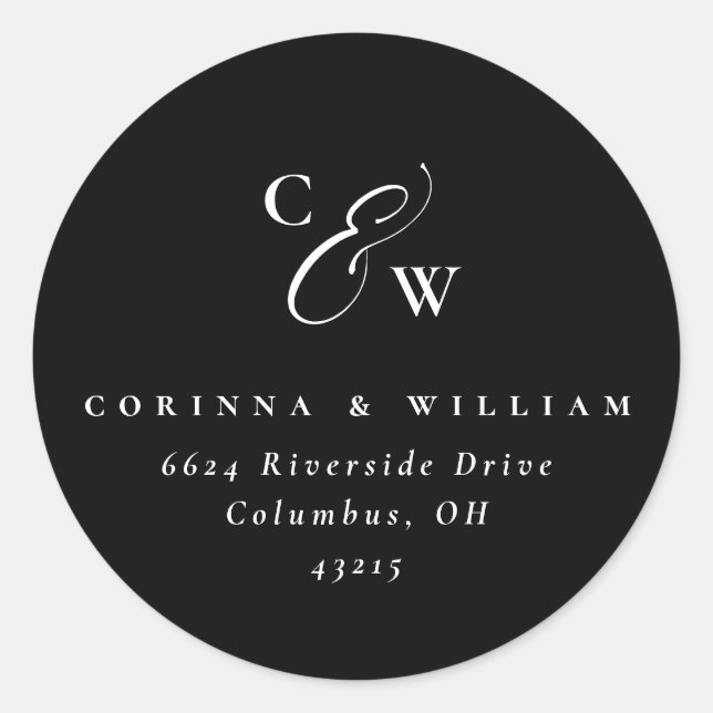 Pegatina Redonda Elegantes iniciales simple boda blanco y negro cl (Anverso)