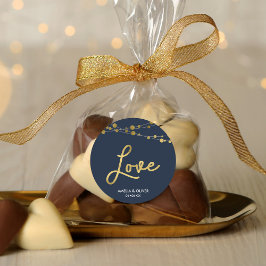 Pegatina Redonda Elegantes luces azules Faux Gold Boda Love