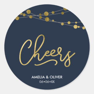 Pegatina Redonda Elegantes Luces Azules Faux Gold Cheers