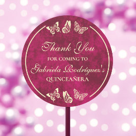 Pegatina Redonda Elegantes mariposas de oro rosadas Quinceañera