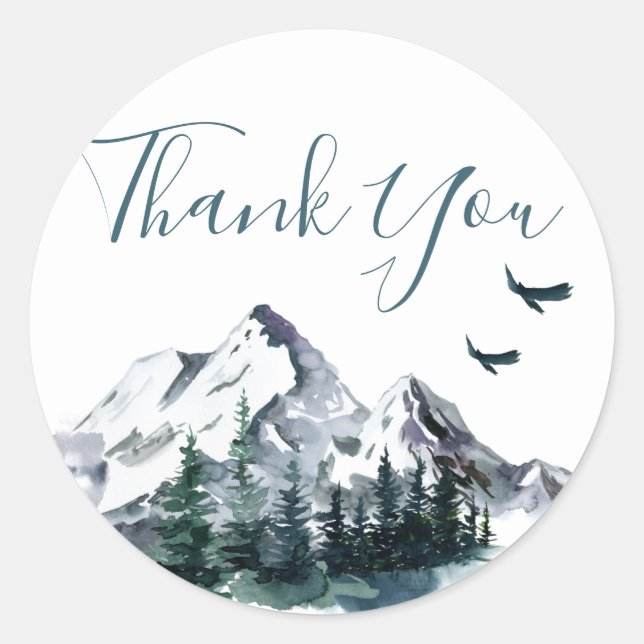 Pegatina Redonda Elegantes Montañas Acuarelas Bosque Gracias Cla (Anverso)
