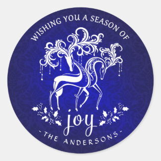 Pegatina Redonda Elegantes Navidades Alegría de renos - Azul y Blan