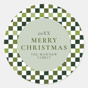Pegatina Redonda Elegantes Navidades de cheques verdes modernos