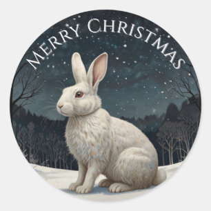 Pegatina Redonda Elegantes Navidades de conejo blanco nevan bosques