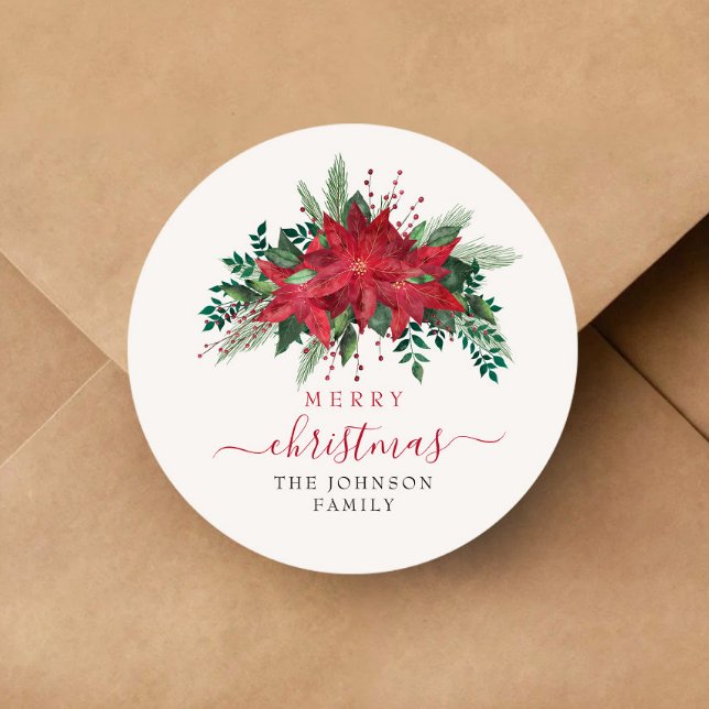 Pegatina Redonda Elegantes Navidades de escritura floral de la poin (Elegant Red Poinsettia Floral Script Christmas Classic Round Sticker)