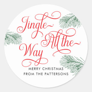 Pegatina Redonda Elegantes Navidades de Greenery Red Calligraphy