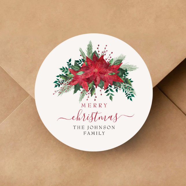 Pegatina Redonda Elegantes Navidades de la Poinsettia Roja (Elegant Red Poinsettia Floral Script Christmas Classic Round Sticker)