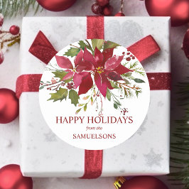 Pegatina Redonda Elegantes Navidades de la Poinsettia Roja Felices