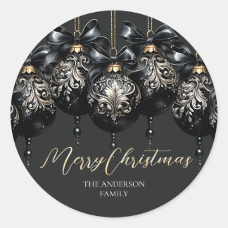 Pegatina Redonda Elegantes Navidades de lujo en baubles en negro y