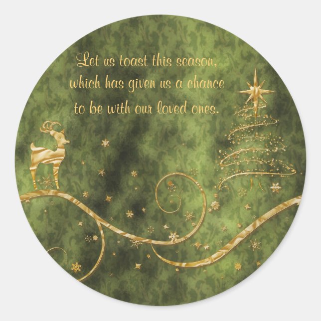 Pegatina Redonda Elegantes Navidades de oro saludan a renos (Anverso)