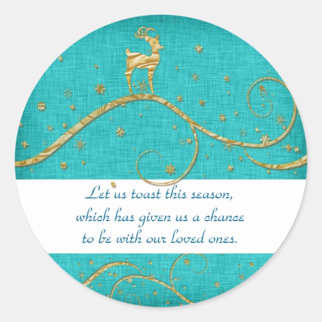 Pegatina Redonda Elegantes Navidades de oro saludan a renos (Anverso)