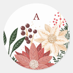 Pegatina Redonda Elegantes Navidades de Poinsettia Monograma Acuare