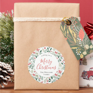 Pegatina Redonda Elegantes Navidades de Red Holly Berry Greeneratio
