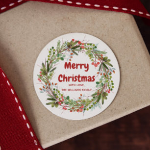 Pegatina Redonda Elegantes Navidades de Wreath Watercolor