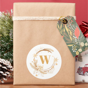 Pegatina Redonda Elegantes Navidades dorados Wreath Monograma