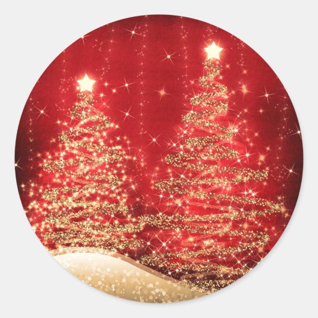 Pegatina Redonda Elegantes Navidades Fiesta Sparkling Trees Red (Anverso)