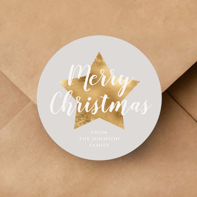 Pegatina Redonda Elegantes Navidades Gray Gold Star (Elegant Gray Gold Star Christmas Classic Round Sticker)