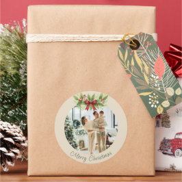 Pegatina Redonda Elegantes Navidades Holly y Red Bow -