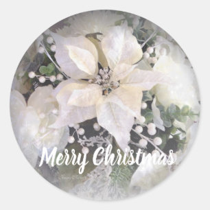 Pegatina Redonda Elegantes Navidades plateados y blancos Poinsettia
