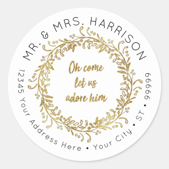 Pegatina Redonda Elegantes Navidades Purpurina de oro Leaf Foliage  (Anverso)