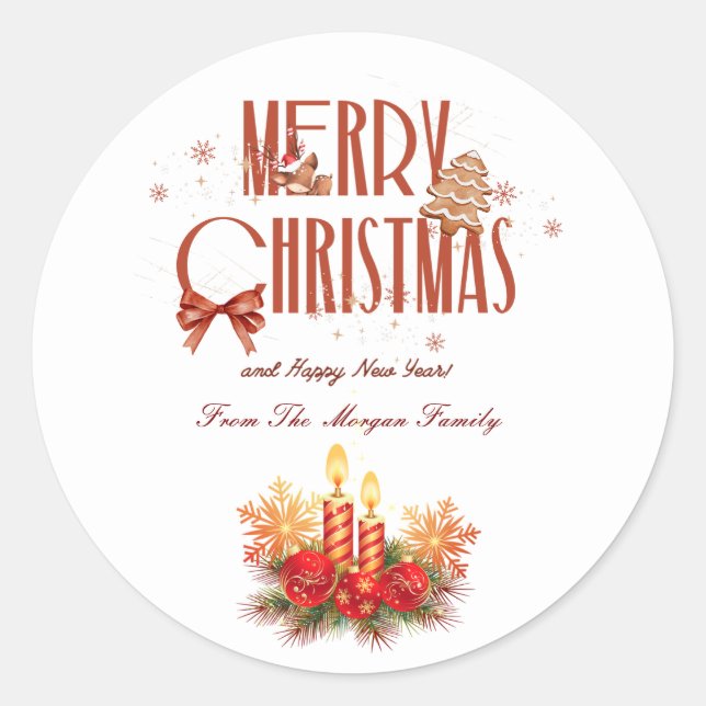 Pegatina Redonda Elegantes Navidades Rojos Velas Feliz Navidad (Anverso)