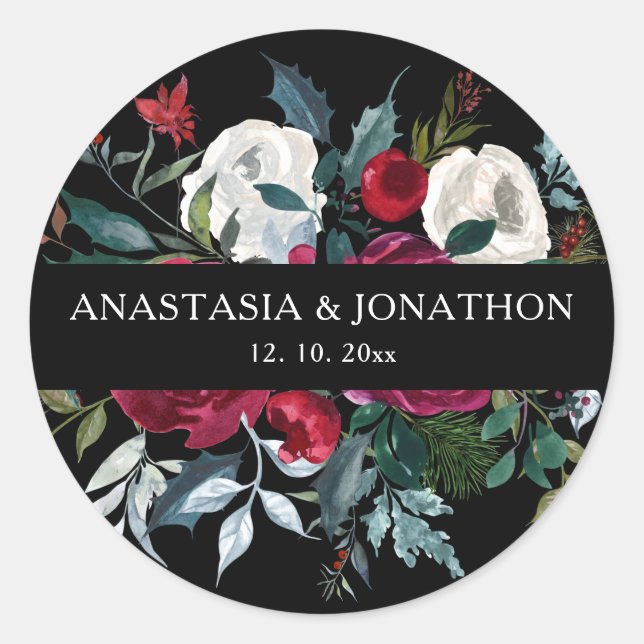 Pegatina Redonda Elegantes Navidades Rosa Floral Boda de vacaciones (Anverso)