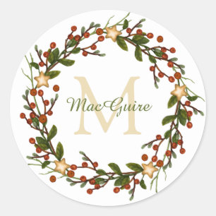 Pegatina Redonda Elegantes Navidades Wreath Monograma Primer Clási