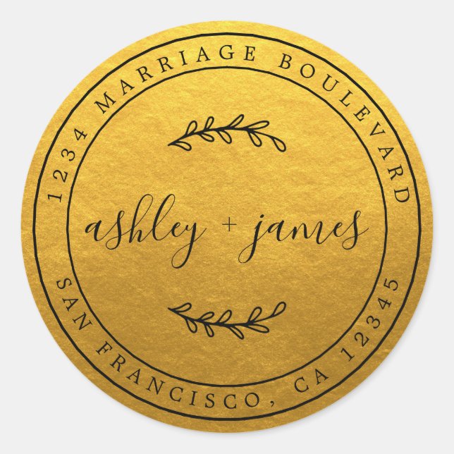 Pegatina Redonda Elegantes Nombres Dirección de devolución de Boda  (Anverso)