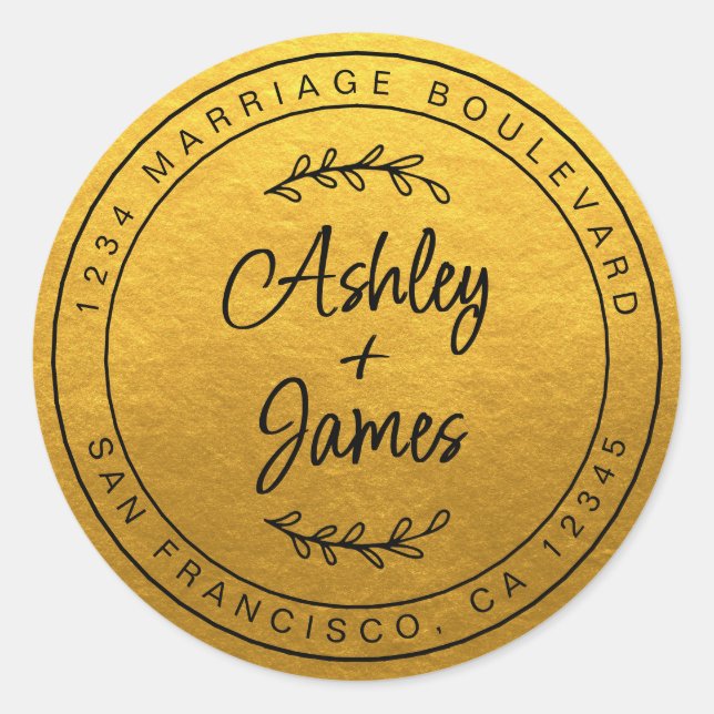 Pegatina Redonda Elegantes Nombres Dirección de devolución de Boda  (Anverso)