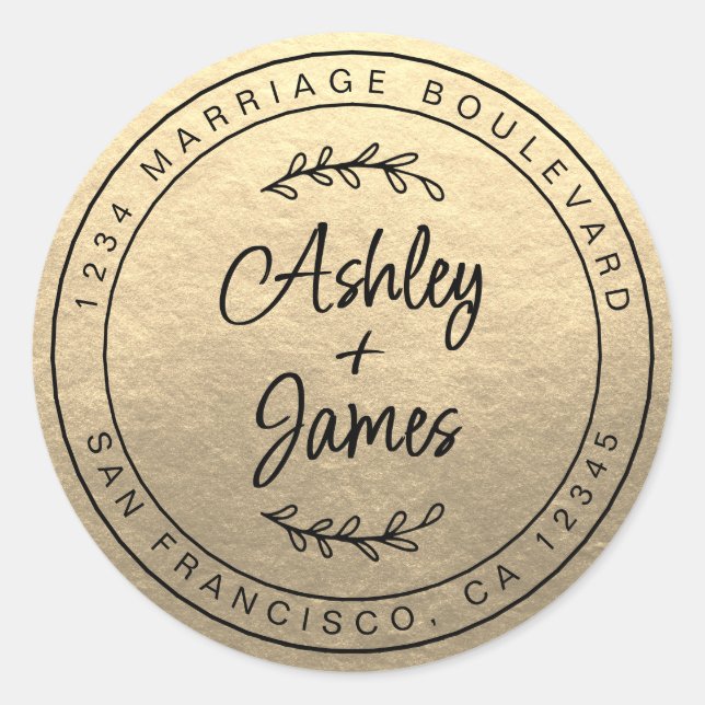 Pegatina Redonda Elegantes Nombres Dirección de devolución de Boda  (Anverso)