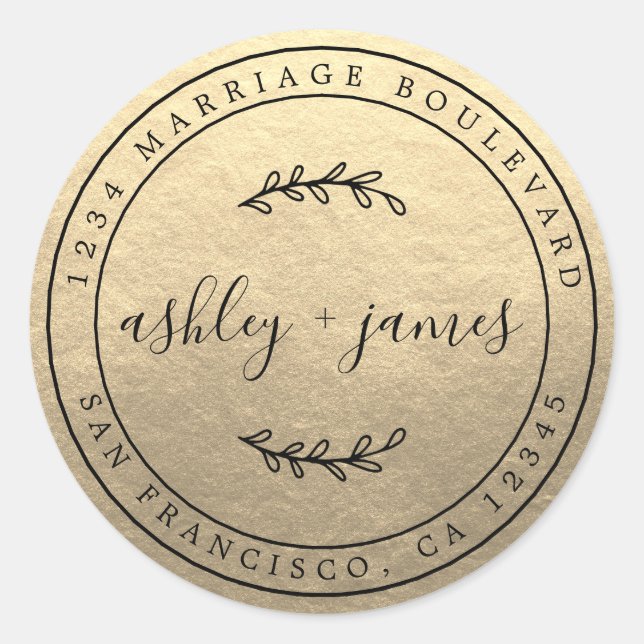 Pegatina Redonda Elegantes Nombres Dirección de devolución de Boda  (Anverso)