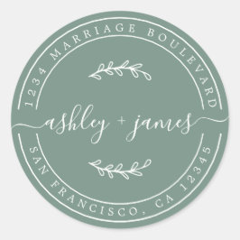 Pegatina Redonda Elegantes nombres Dusty Green Boda Dirección de Re