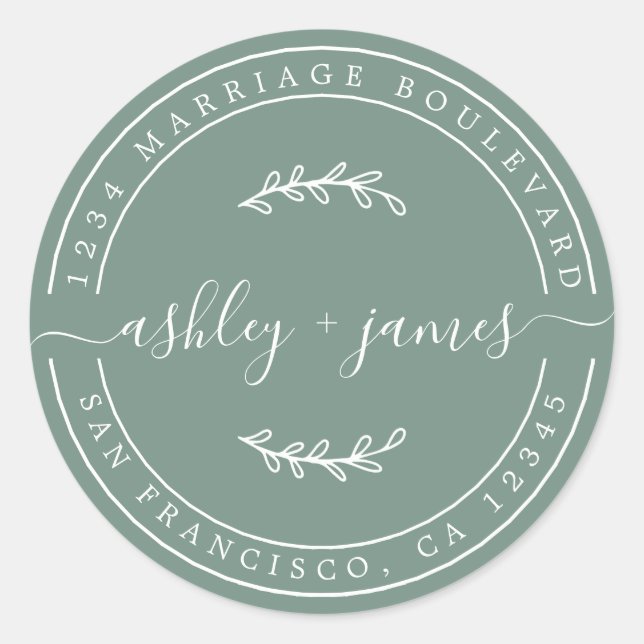 Pegatina Redonda Elegantes nombres Dusty Green Boda Dirección de Re (Anverso)