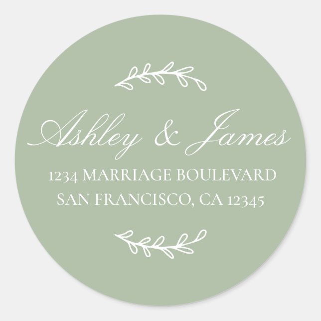 Pegatina Redonda Elegantes Nombres Laurel Green Boda Dirección de R (Anverso)