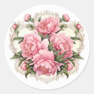 Pegatina Redonda Elegantes Peonies Rosados
