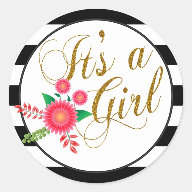 Pegatina Redonda Elegantes rayas negras y blancas con flor rosada (Anverso)