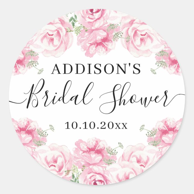 Pegatina Redonda Elegantes Rosas de acuarela ducha de novia (Anverso)