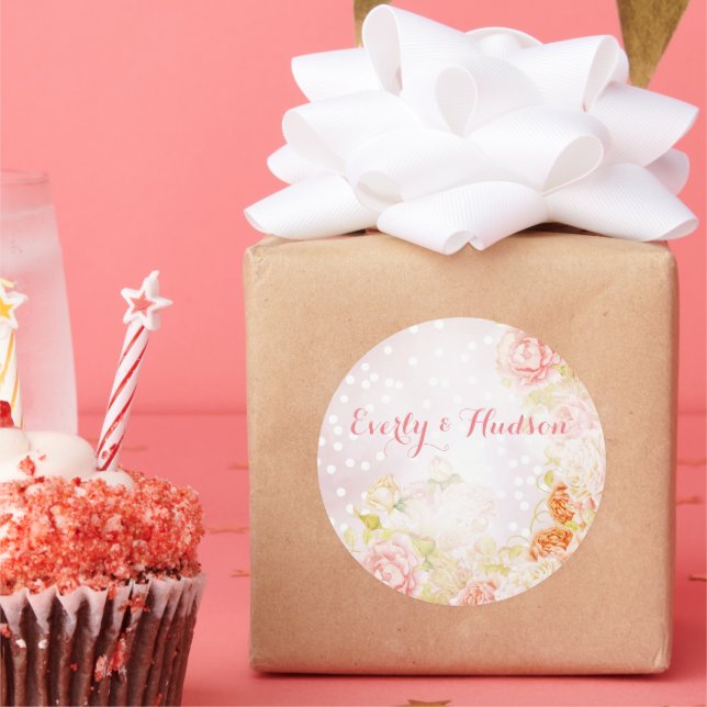 Pegatina Redonda Elegantes Rosas de Bodas rosados de Rubor (Fiesta)