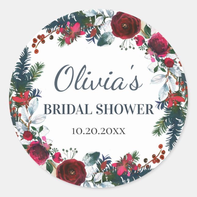 Pegatina Redonda Elegantes Rosas de Invierno Burgundy Floral DUCHA  (Anverso)