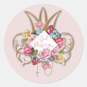 Pegatina Redonda Elegantes Rosas de Rosario Vintage Floral God Bles