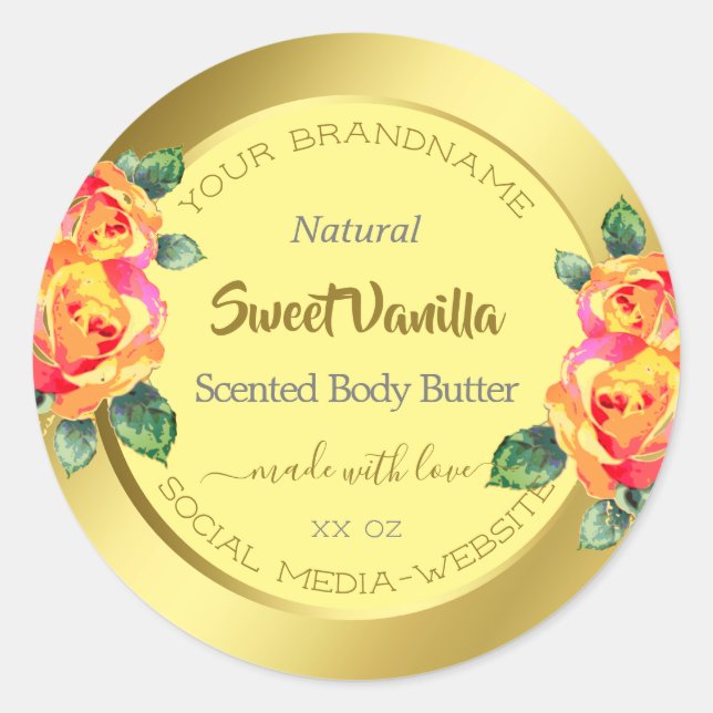Pegatina Redonda Elegantes Rosas florales dorados Círculo de primav (Anverso)