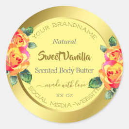 Pegatina Redonda Elegantes Rosas florales dorados Círculo de primav